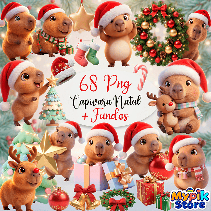 Kit Digital Capivara Natal 3D PNG e Fundos Exclusivos 1