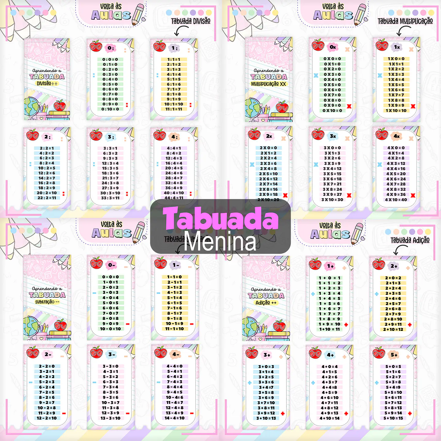 Kit Digital Tabuada Menina  PNG e PDF - Volta às Aulas 1