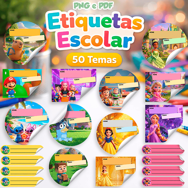 Mega Pack de Etiquetas Escolares 50 Temas - Produto Digital 1