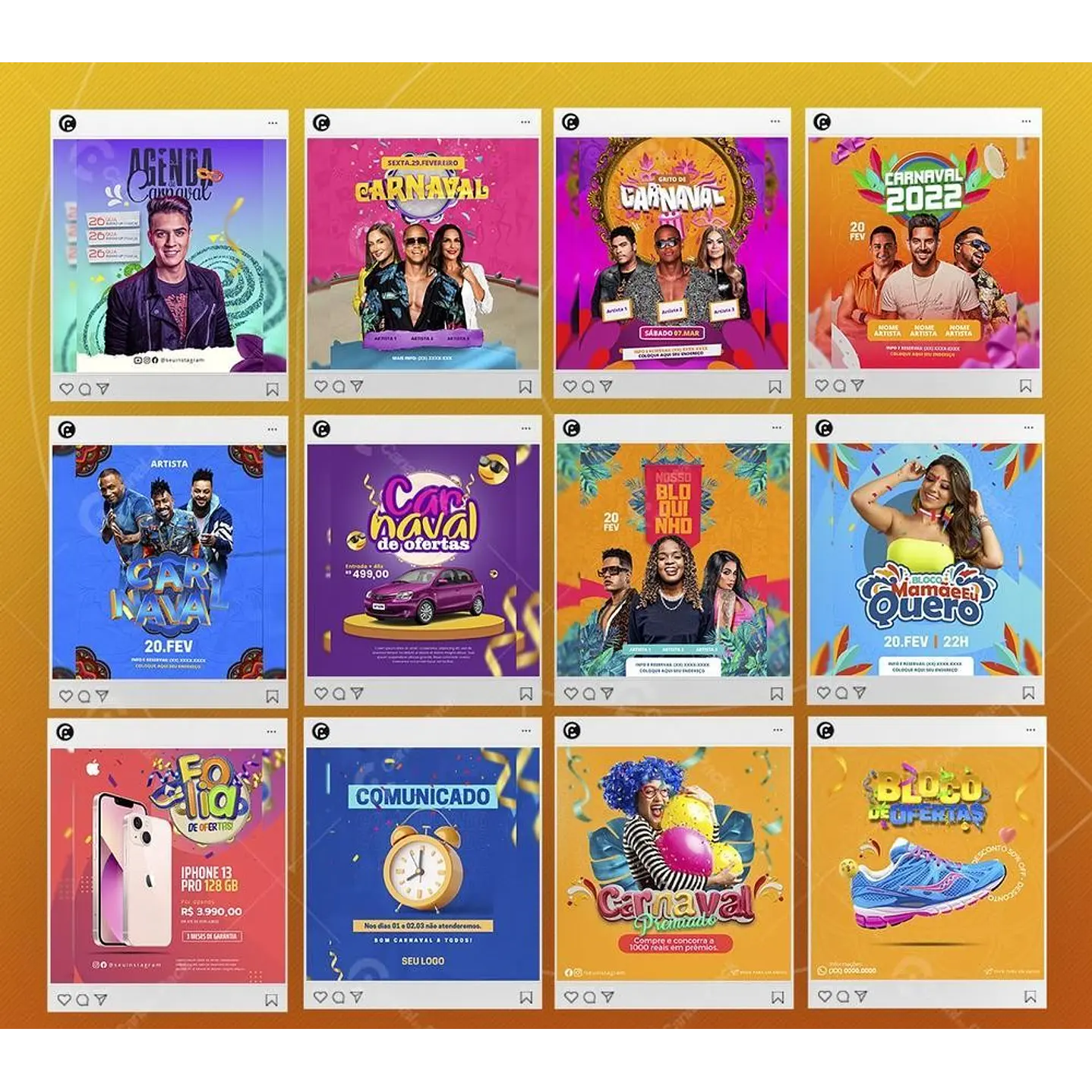 Pack Artes Editáveis Canva Carnaval para Feed e Stories Instagram 2