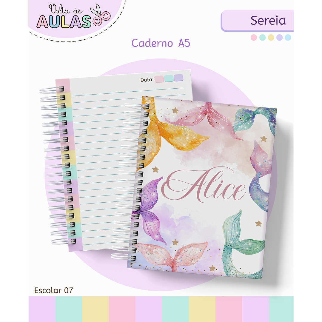 Kit Digital Encadernação e Etiquetas Sereia Aquarela - Volta às Aulas 1