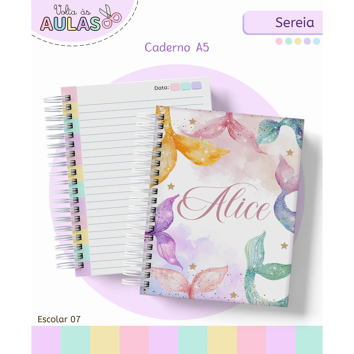 Kit Digital Encadernação e Etiquetas Sereia Aquarela - Volta às Aulas 1