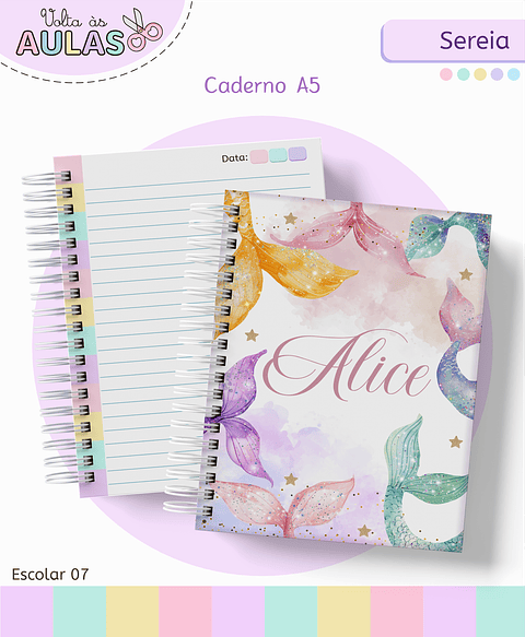 Kit Digital Encadernação e Etiquetas Sereia Aquarela - Volta às Aulas