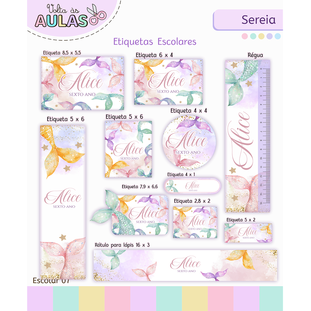 Kit Digital Encadernação e Etiquetas Sereia Aquarela - Volta às Aulas 2
