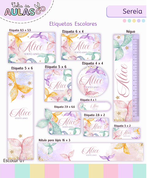 Kit Digital Encadernação e Etiquetas Sereia Aquarela - Volta às Aulas