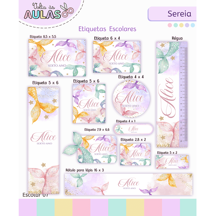 Kit Digital Encadernação e Etiquetas Sereia Aquarela - Volta às Aulas 2