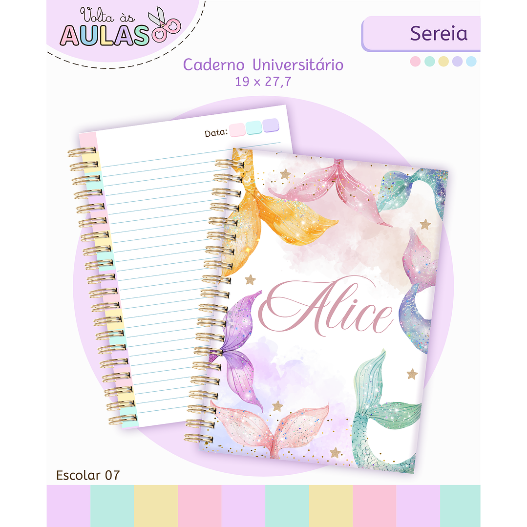 Kit Digital Encadernação e Etiquetas Sereia Aquarela - Volta às Aulas 4
