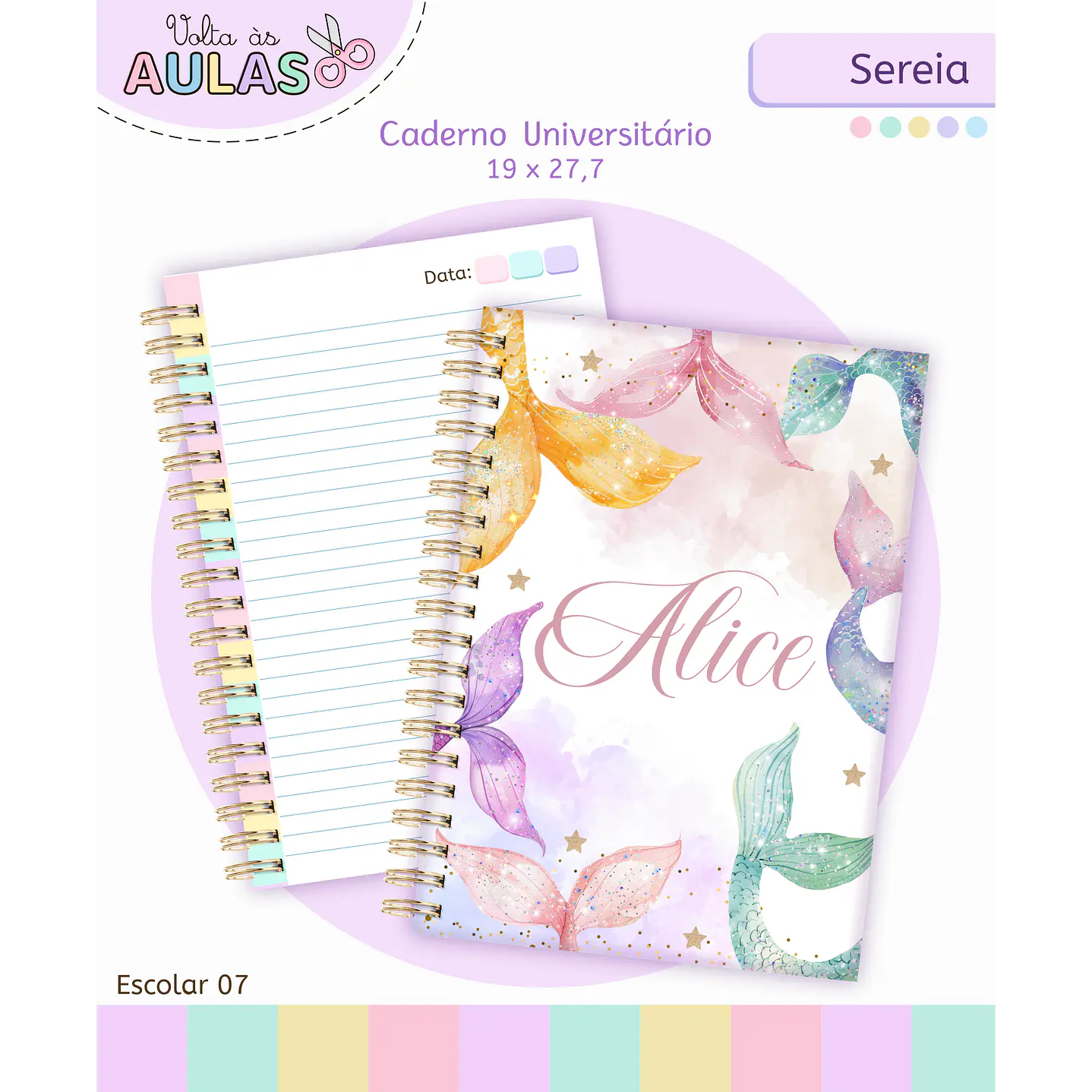 Kit Digital Encadernação e Etiquetas Sereia Aquarela - Volta às Aulas 4
