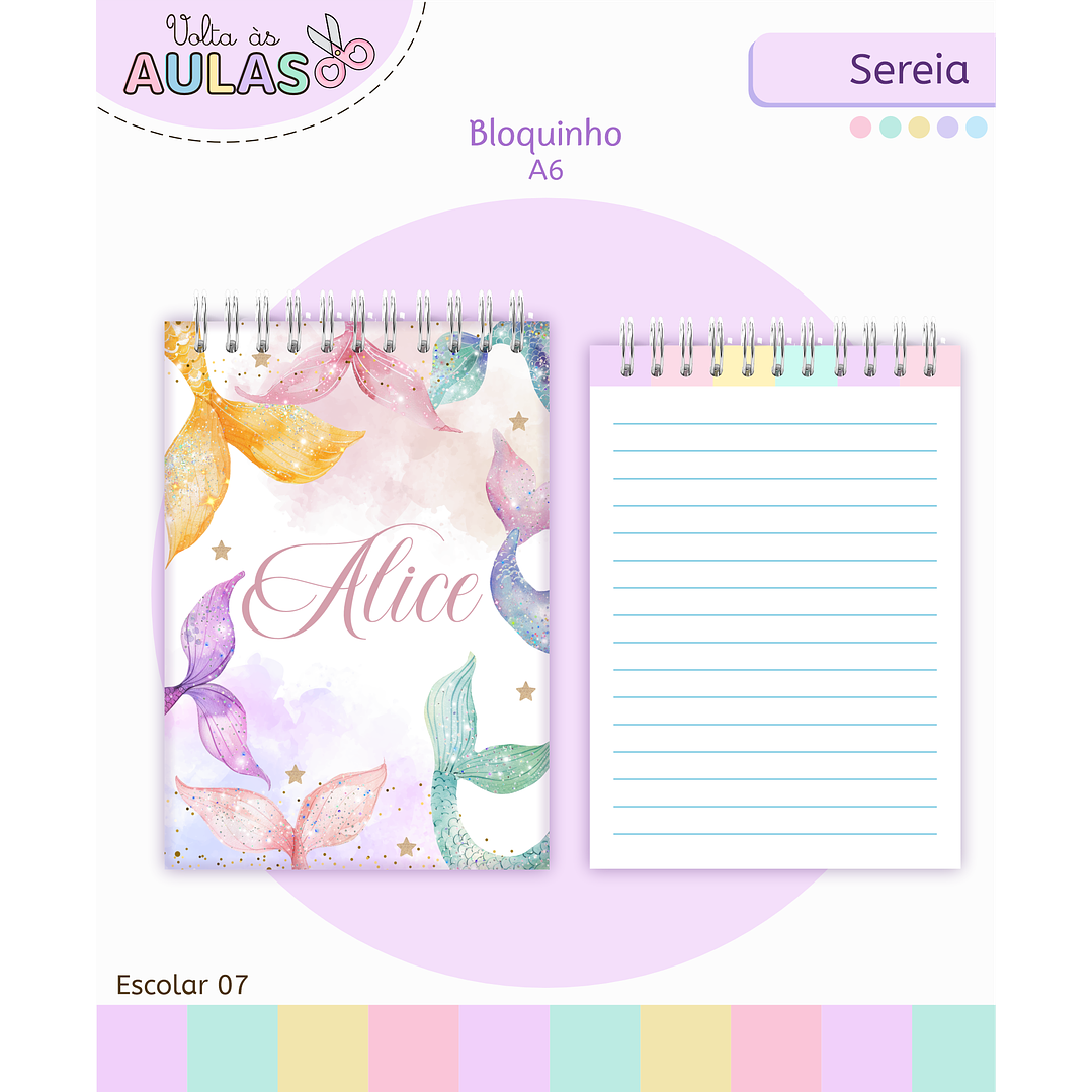 Kit Digital Encadernação e Etiquetas Sereia Aquarela - Volta às Aulas 5