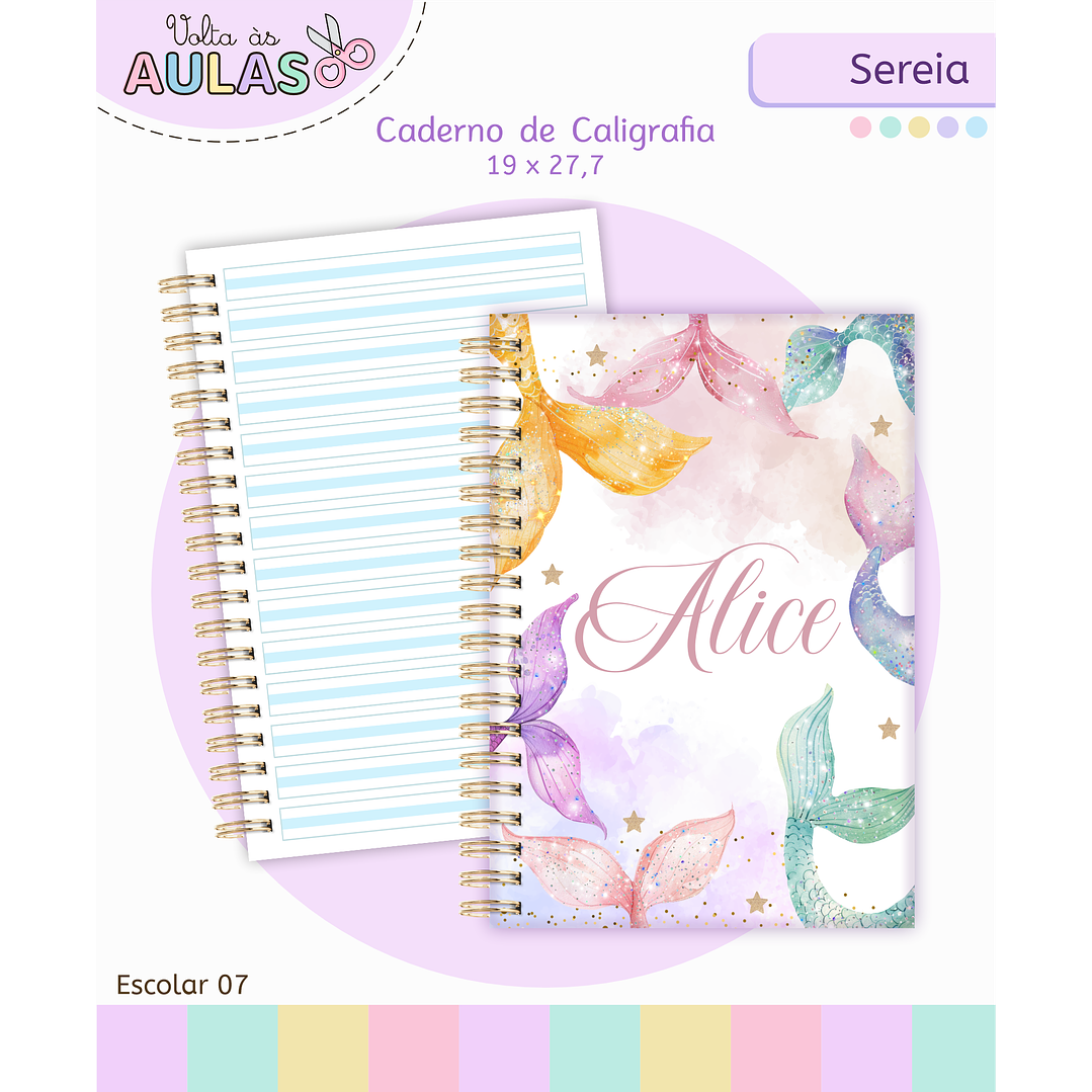 Kit Digital Encadernação e Etiquetas Sereia Aquarela - Volta às Aulas 9