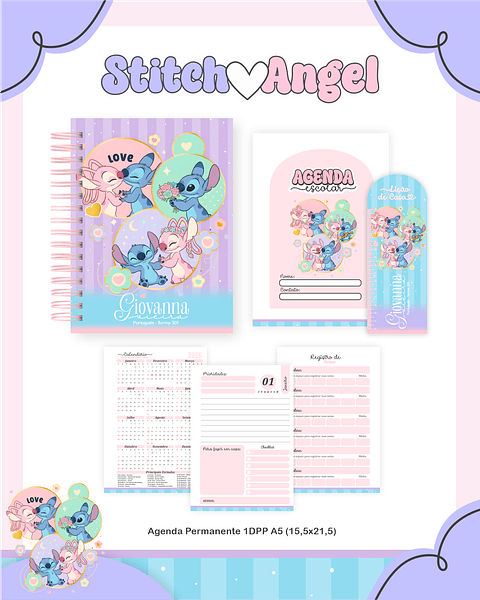 Kit Digital Encadernação Stitch e Angel - Volta às Aulas Completo
