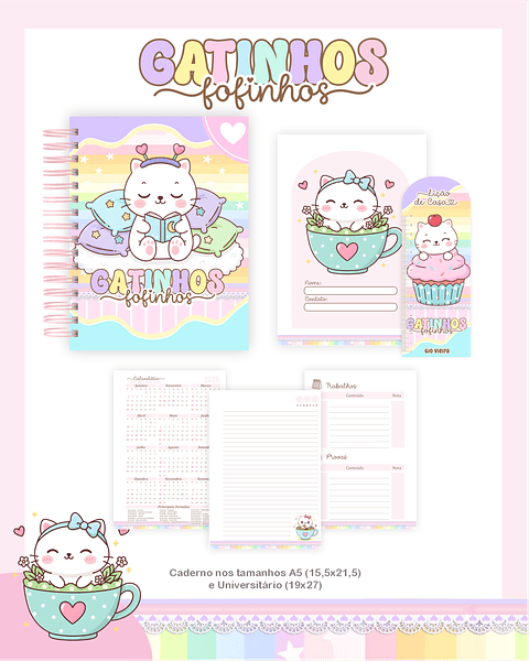 Kit Digital Encadernação Gatinhos - Volta às Aulas Completo