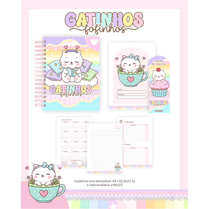 Kit Digital Encadernação Gatinhos - Volta às Aulas Completo 2