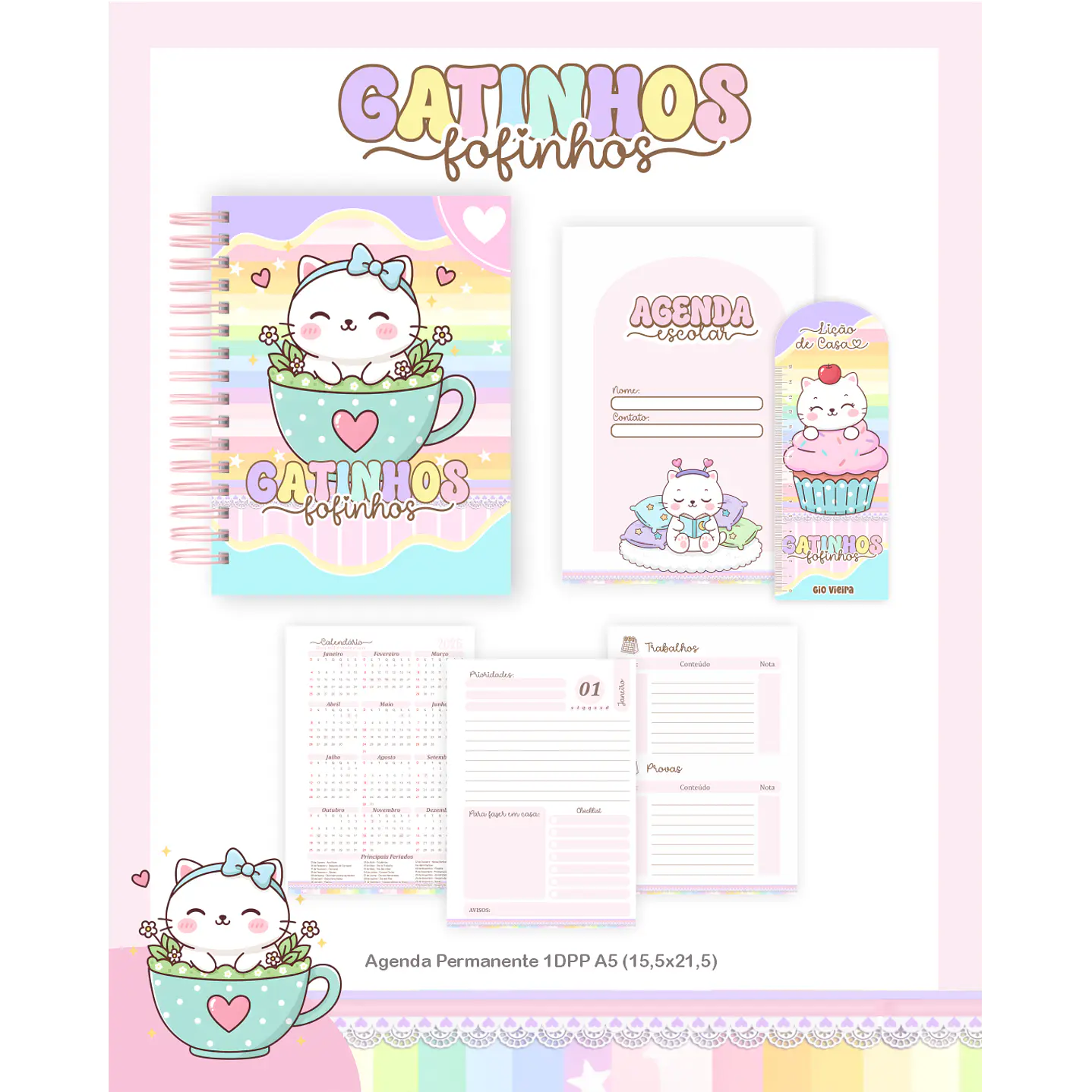 Kit Digital Encadernação Gatinhos - Volta às Aulas Completo 3