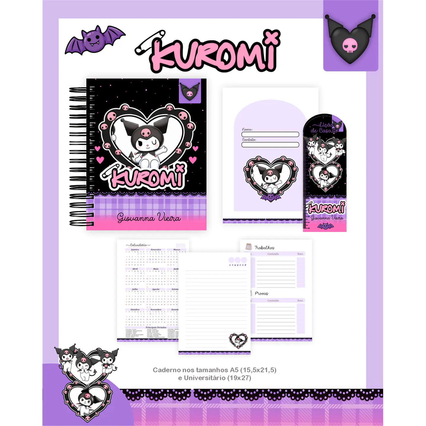 Kit Digital Encadernação Kuromi - Volta às Aulas Completo 2