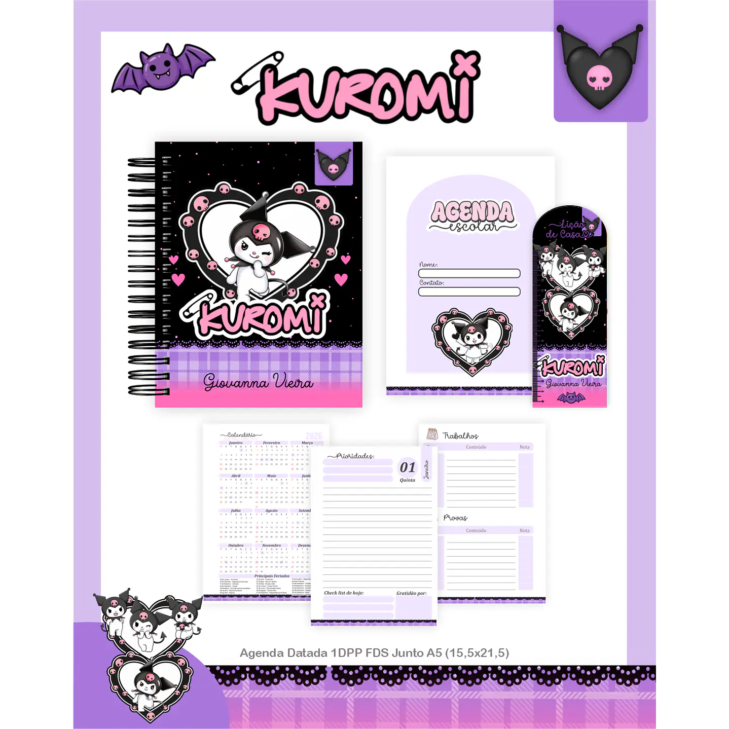 Kit Digital Encadernação Kuromi - Volta às Aulas Completo 3