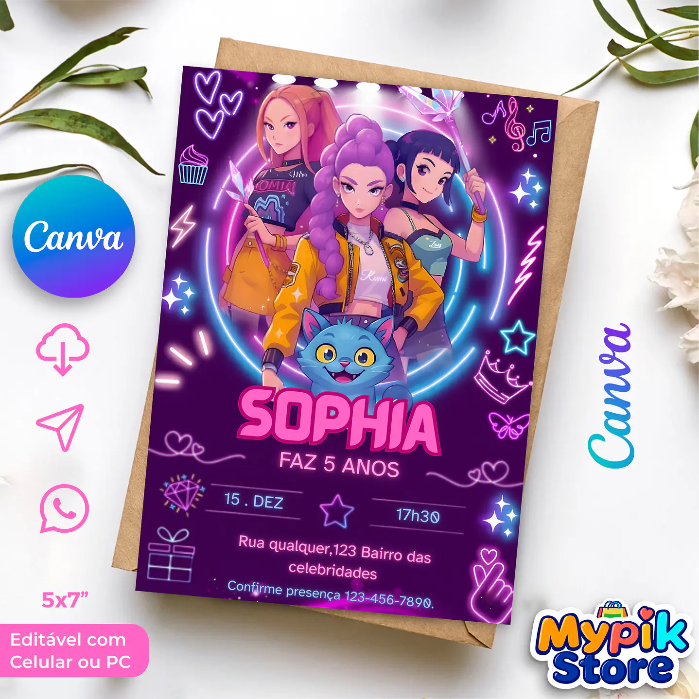 Convite Digital Guerreiras do K-Pop Editável no Canva 5