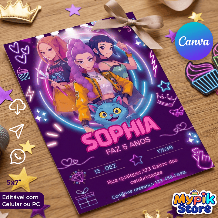 Convite Digital Guerreiras do K-Pop Editável no Canva 2