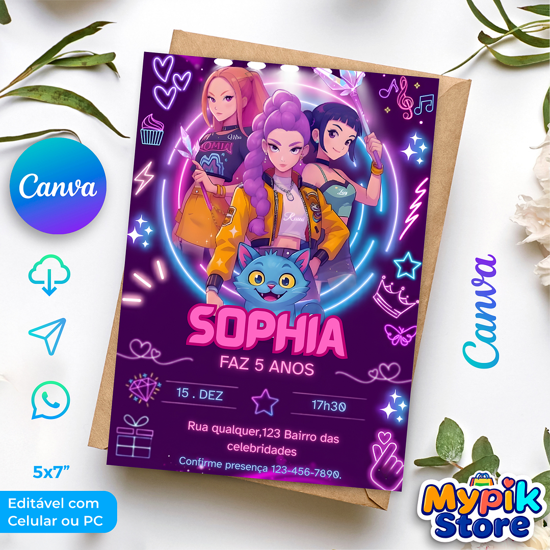 Convite Digital Guerreiras do K-Pop Editável no Canva 1