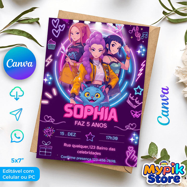 Convite Digital Guerreiras do K-Pop Editável no Canva 1
