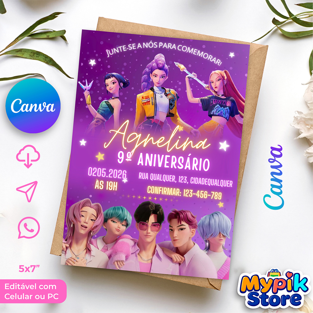 Convite Digital Guerreiras do K-Pop Editável no Canva  1