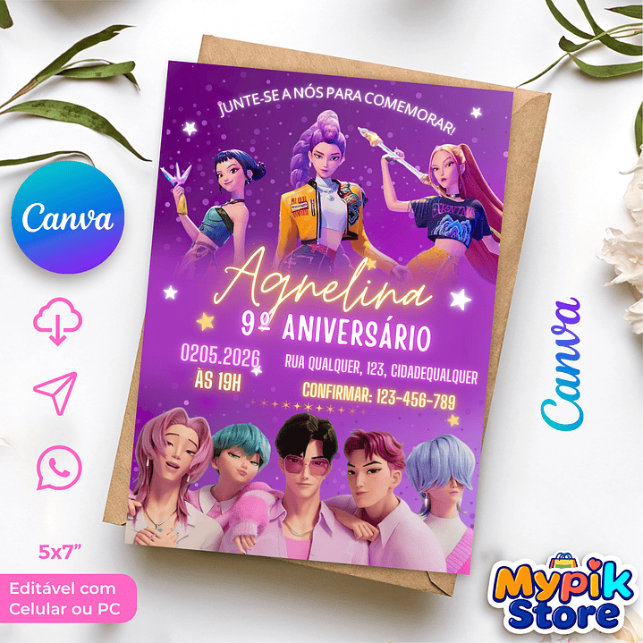Convite Digital Guerreiras do K-Pop Editável no Canva  1