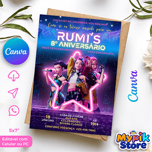 Convite Digital Guerreiras do K-Pop Editável no Canva 