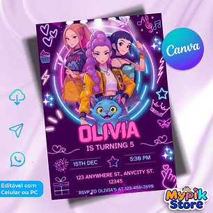 Convite Digital Guerreiras do K-Pop Editável no Canva