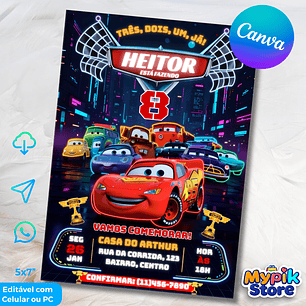 Convite Digital Carros da Disney Editável no Canva