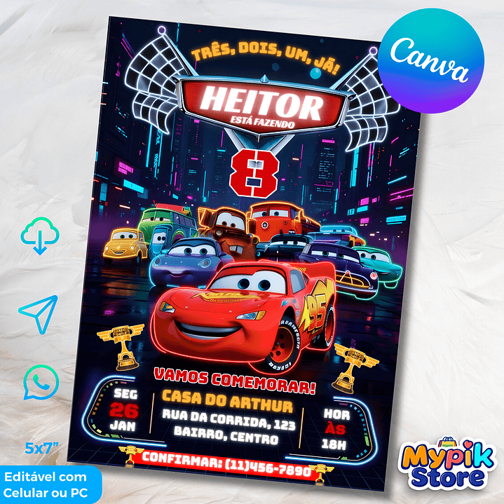 Convite Digital Carros da Disney Editável no Canva 1