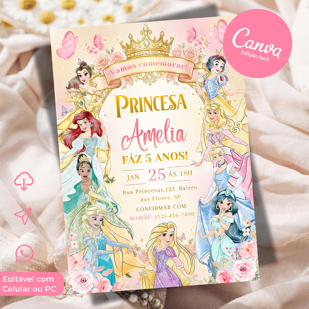 Convite Digital Princesas Disney Aquarela Editável no Canva 1