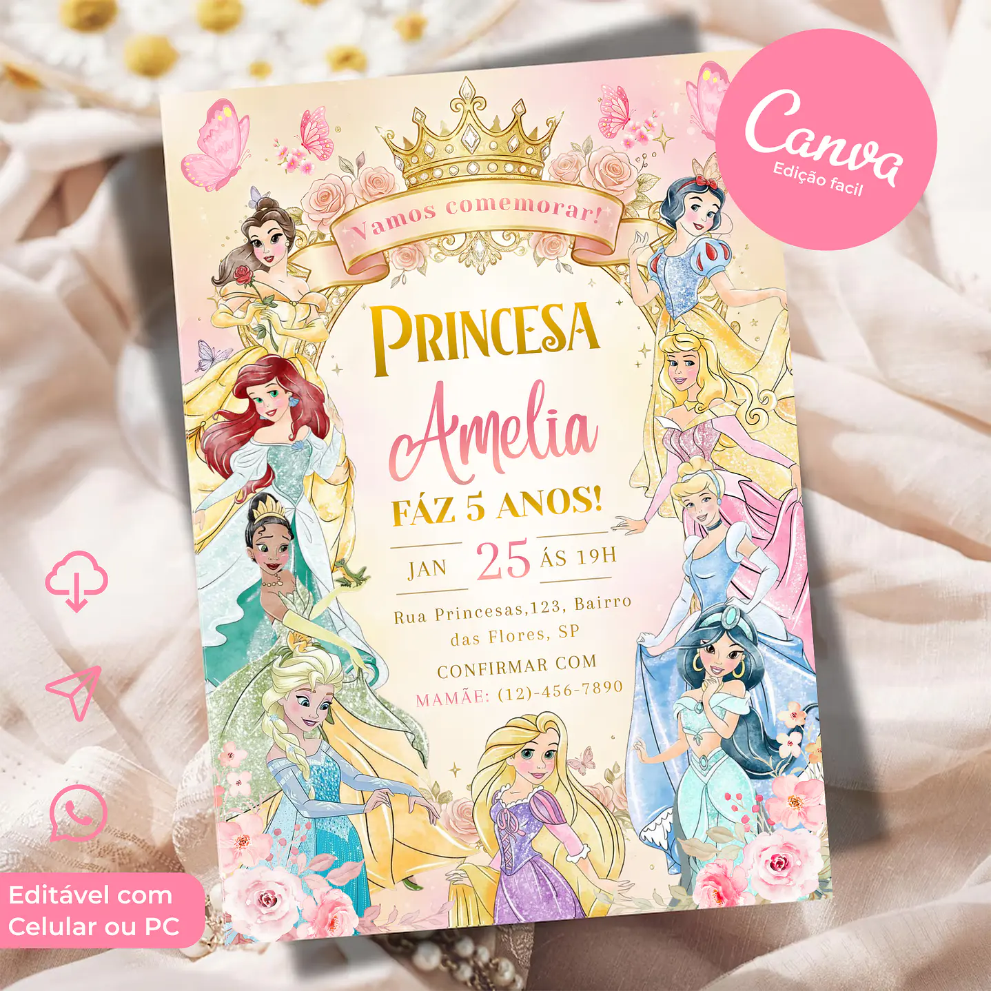 Convite Digital Princesas Disney Aquarela Editável no Canva 1