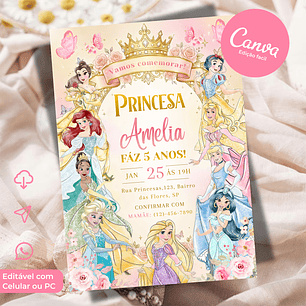 Convite Digital Princesas Disney Aquarela Editável no Canva