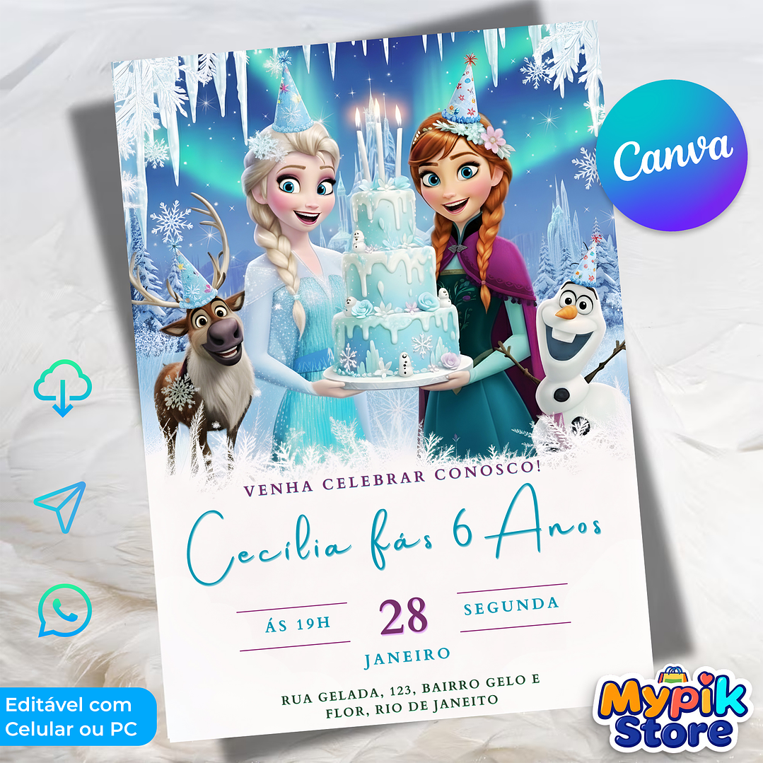 Convite Digital Frozen Editável no Canva 1