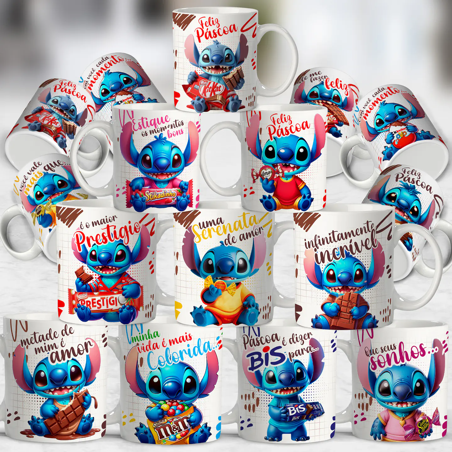 Pack Artes Canecas Stitch Páscoa Chocolate - 14 Artes PNG e CDR 1