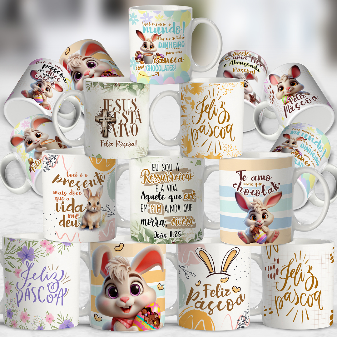 10 Artes Canecas Coelhinho Páscoa PNG e CDR Corel Editável 1