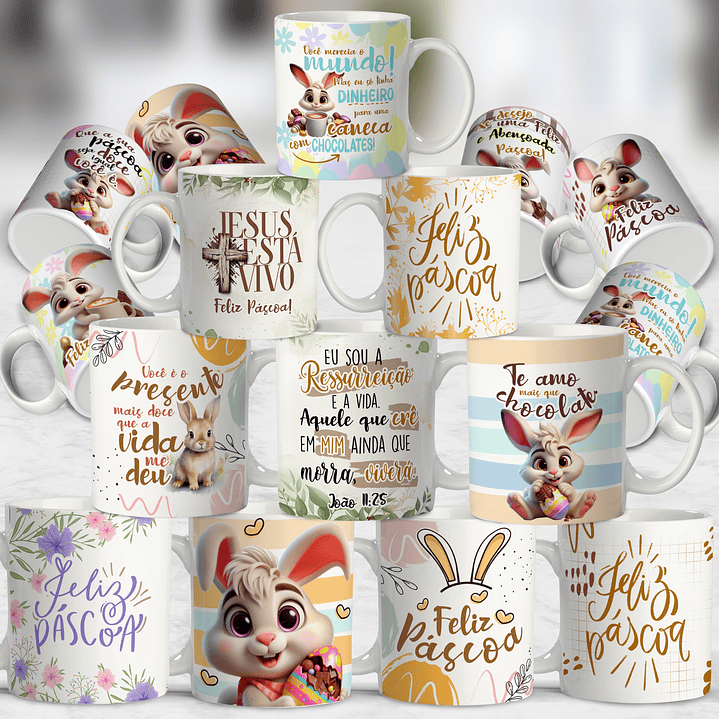 10 Artes Canecas Coelhinho Páscoa PNG e CDR Corel Editável 1