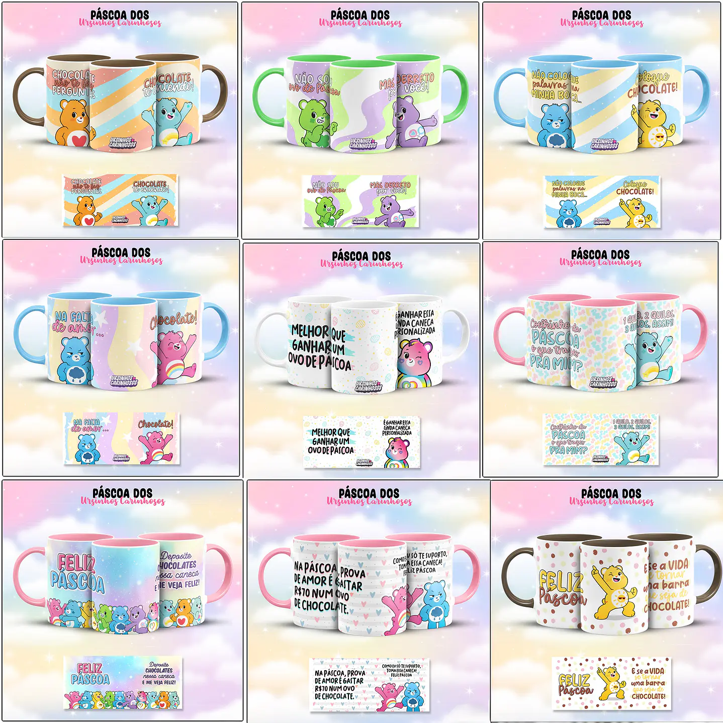 Pack de Artes para Canecas Ursinhos Carinhosos Páscoa. 1