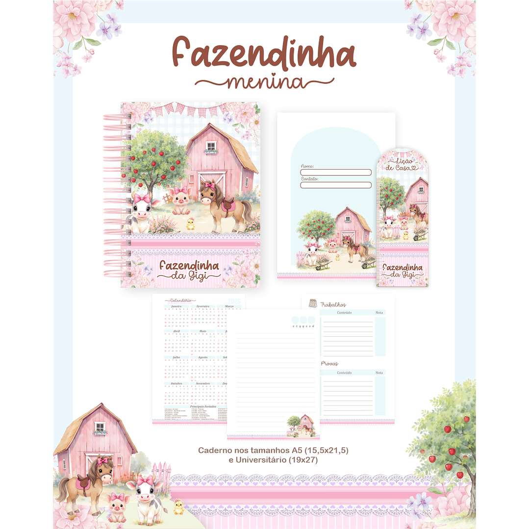 Encadernação Fazendinha Rosa - Volta às Aulas  2