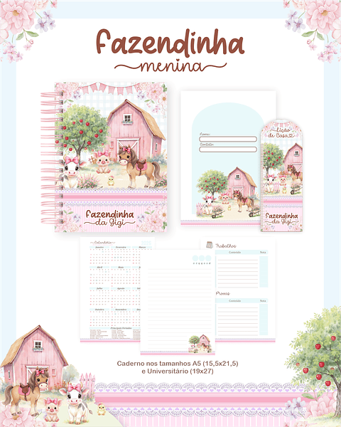 Encadernação Fazendinha Rosa - Volta às Aulas 