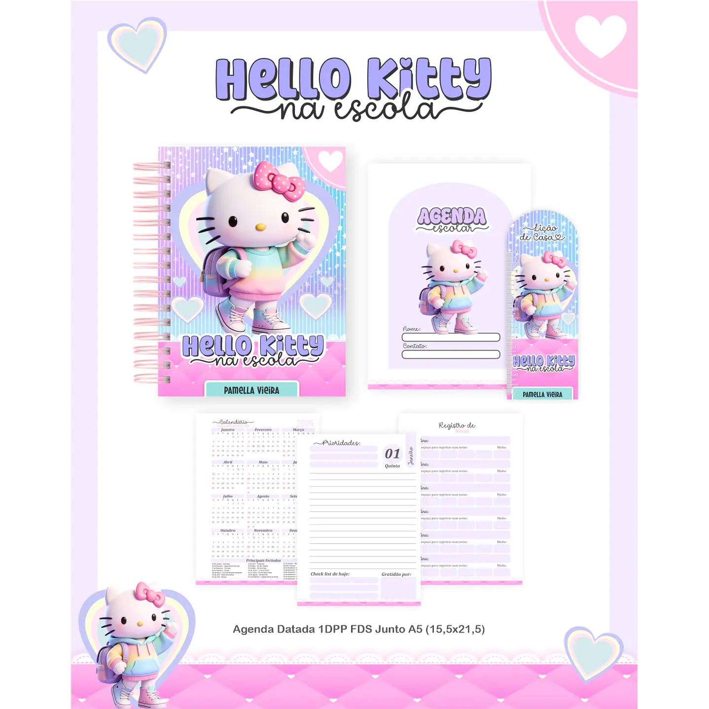 Encadernação Hello Kitty na Escola Volta às Aulas para Imprimir 2