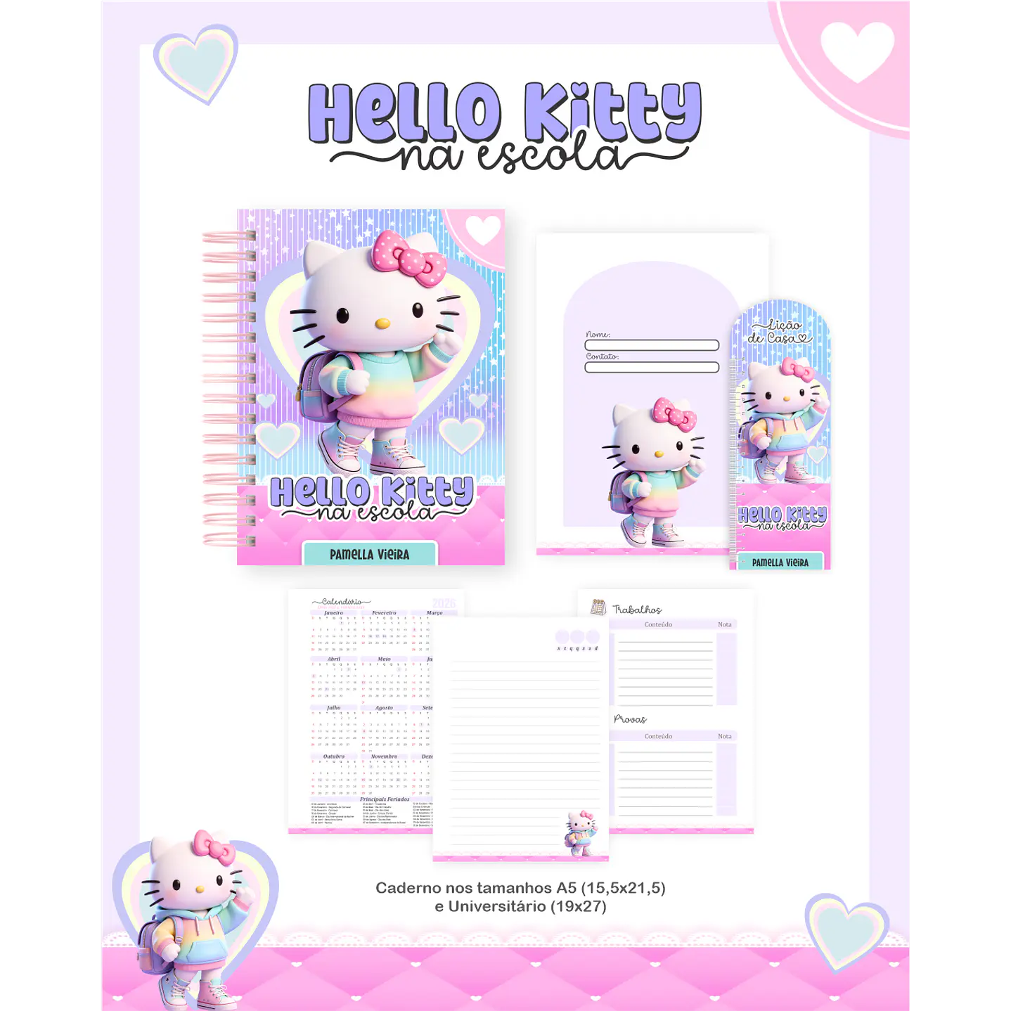 Encadernação Hello Kitty na Escola Volta às Aulas para Imprimir 3