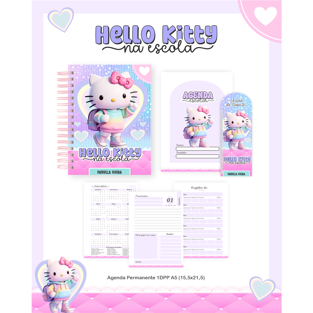 Encadernação Hello Kitty na Escola Volta às Aulas para Imprimir 4