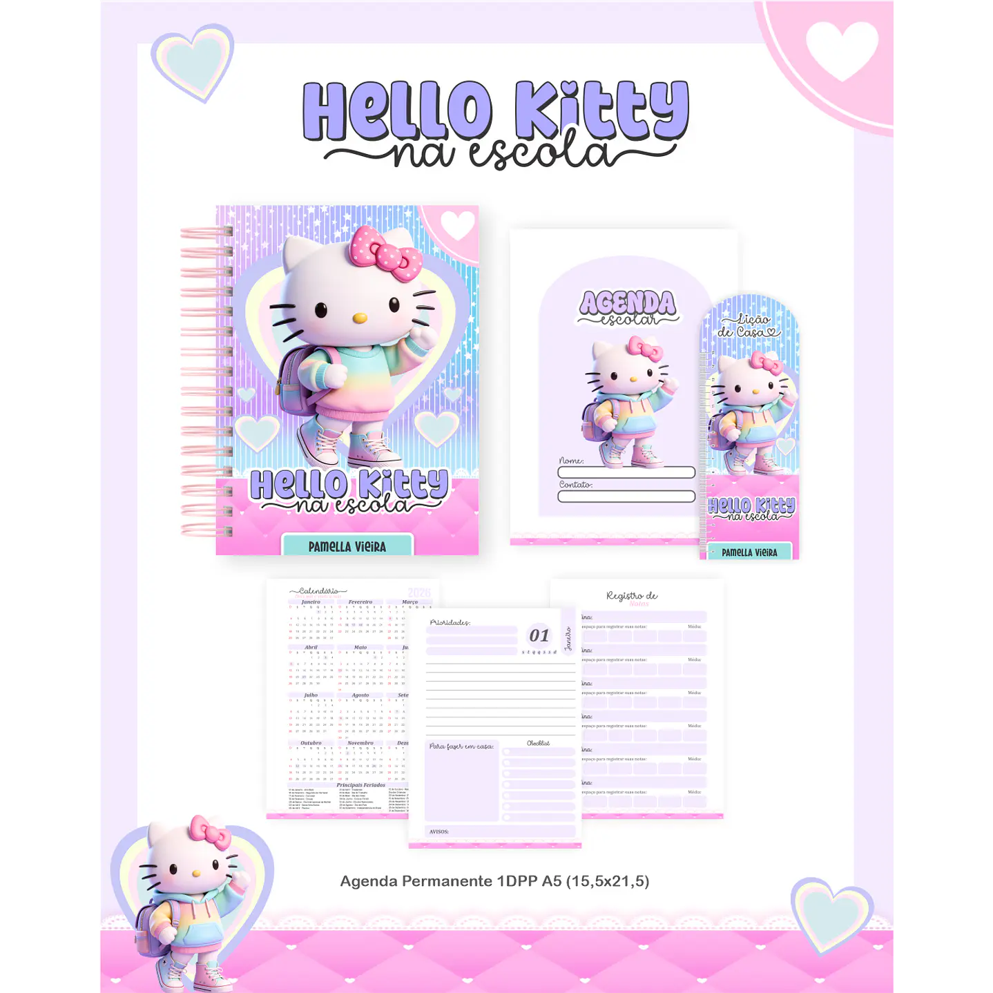 Encadernação Hello Kitty na Escola Volta às Aulas para Imprimir 4