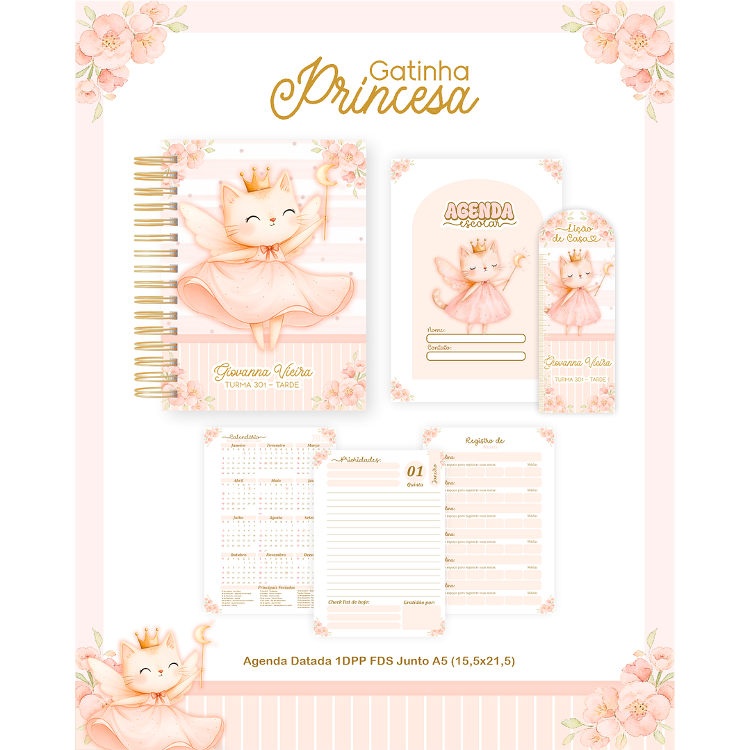 Encadernação Gatinha Princesa Volta às Aulas para Imprimir 1