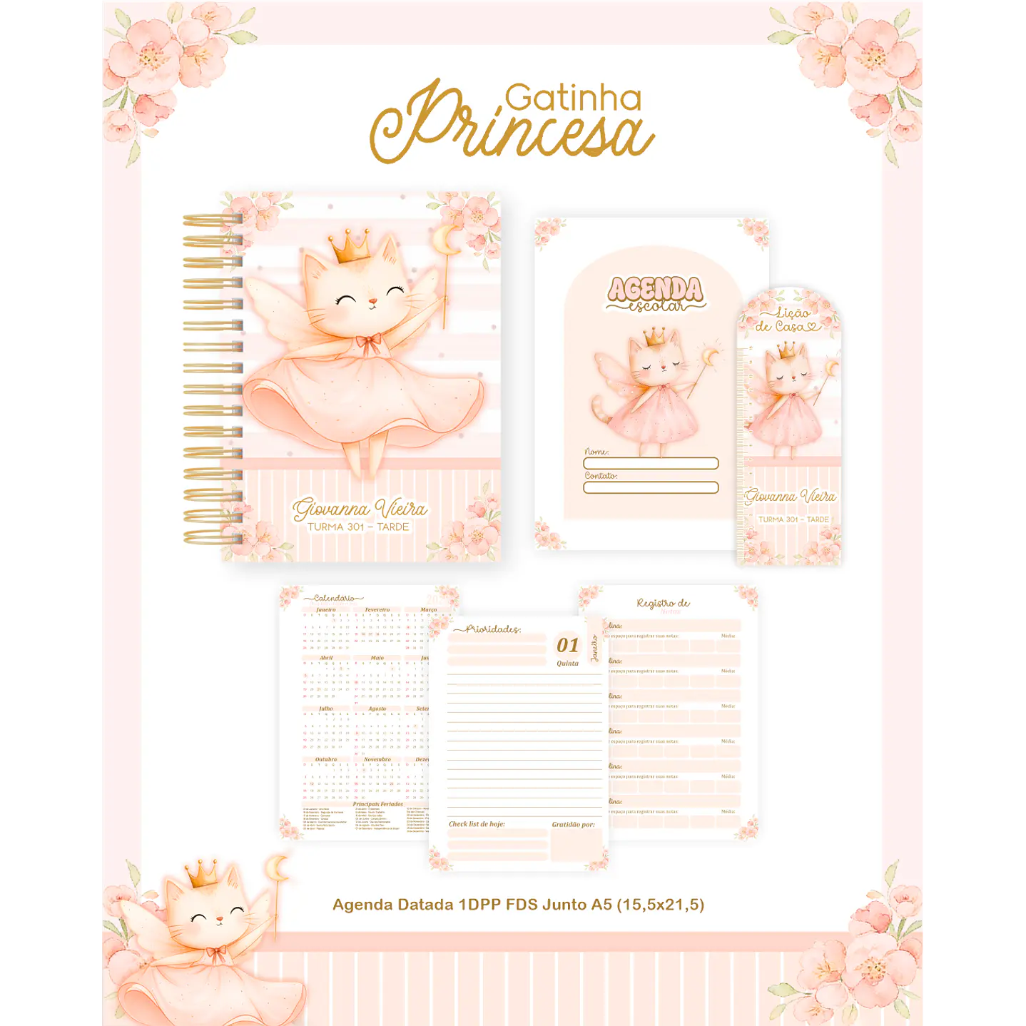 Encadernação Gatinha Princesa Volta às Aulas para Imprimir 1