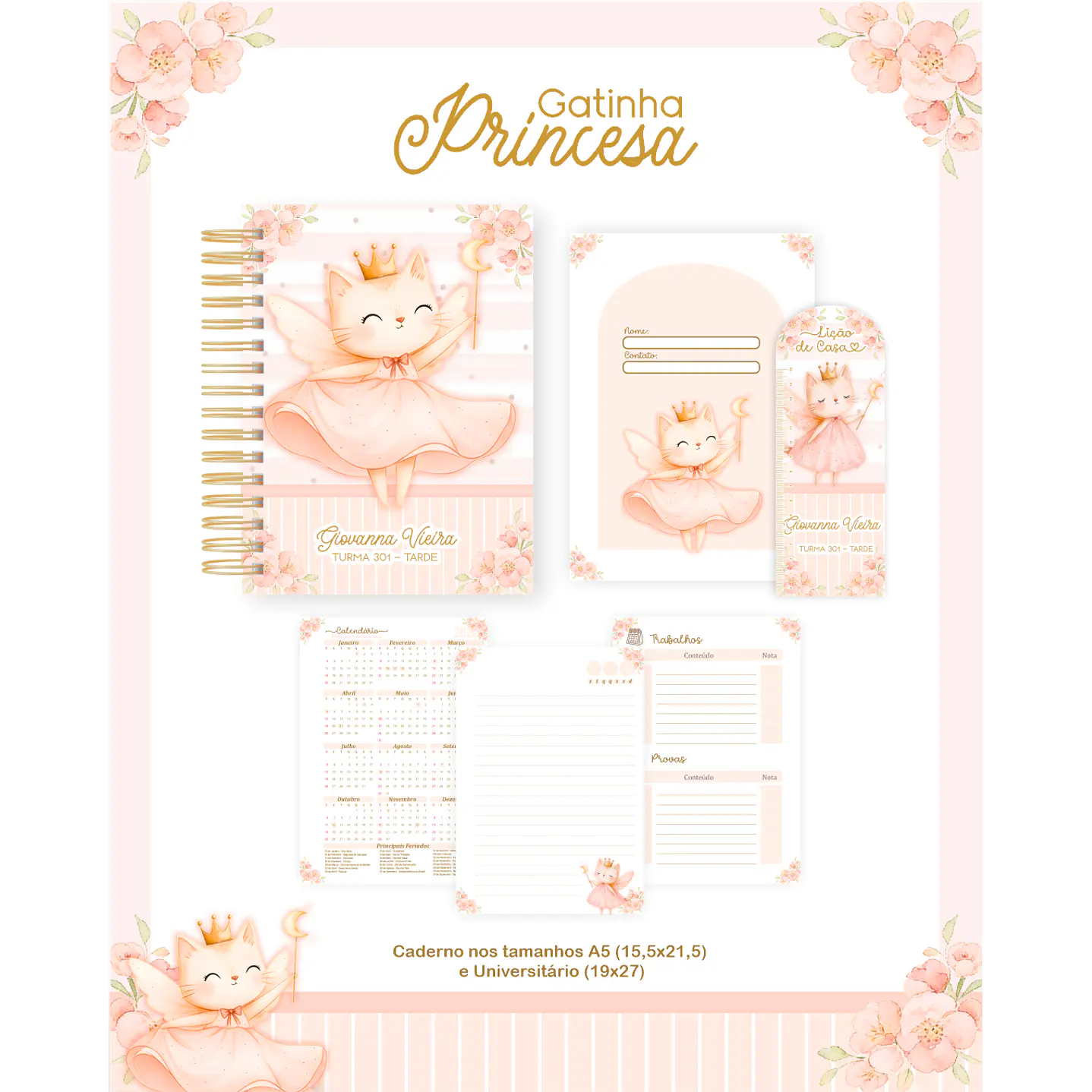 Encadernação Gatinha Princesa Volta às Aulas para Imprimir 3