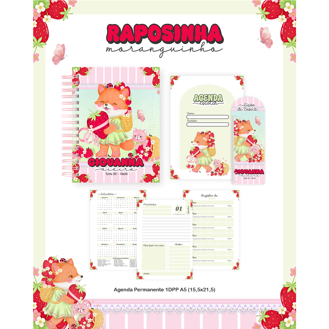 Encadernação Raposinha Moranguinho Volta às Aulas para Imprimir 3