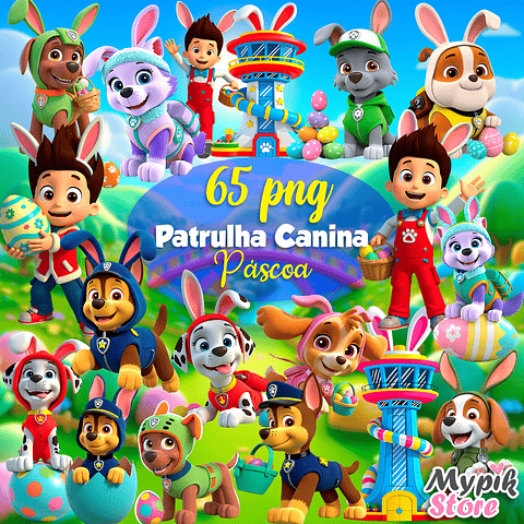 Kit Digital Patrulha Canina Páscoa 65 PNG + 12 Fundos JPG
