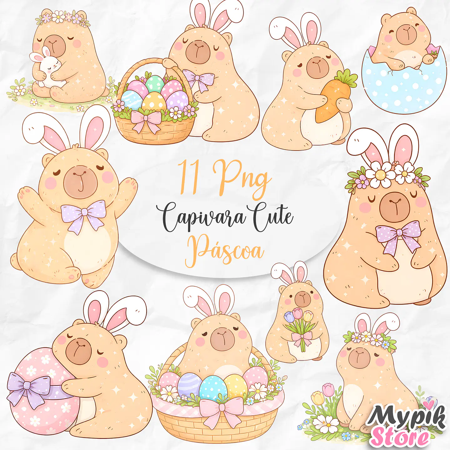 Kit Digital Capivara de Páscoa Cute - 11 Imagens PNG Fundo Transparente 1